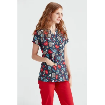 Koyu Reçete Desenli Likralı Kumaş Cerrahi Tek Üst V Yaka Forma