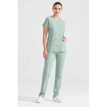 Mold Green Monochromatic Lycra Fabric Surgical Suit V Neck Uniform