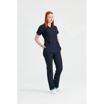 Lacivert Tek Renkli Likralı Kumaş Cerrahi Takım V Yaka Forma