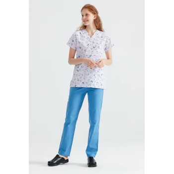 Lila Diş Desenli Cerrahi Takım Terikoton İnce Kumaş V Yaka Forma