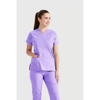 Lila Tek Renkli Büyük Beden Likralı Kumaş Cerrahi Tek Üst Forma V Yaka Forma