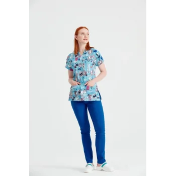 Kedi Desenli Mavi Likralı Kumaş Cerrahi V Yaka Takım