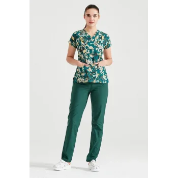 Oak Leaf Patterned Surgical Set Terikoton Thin Fabric V Neck Uniform