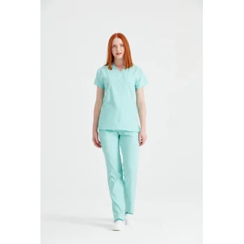 Mint Green Single Color Lycra Fabric Surgical Set V-Neck Uniform