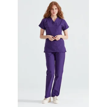 Cerrahi Takım Terikoton İnce Kumaş Mor Renkli V Yaka