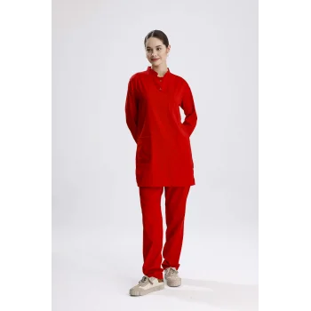 Kırmızı Cerrahi Tesettür Takım Likra Kumaş Hakim Yaka Forma
