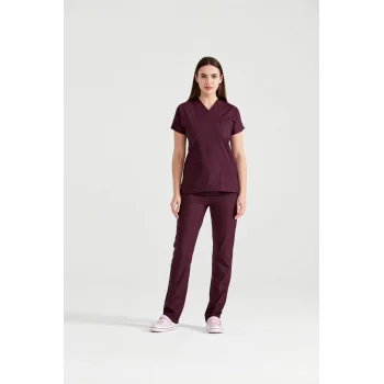 Mürdüm Renk Likra Kumaş Cerrahi Tek Üst Forma V Yaka