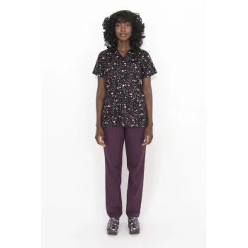 Mauve Stethoscope Patterned Lycra Fabric Surgical Top V Neck Uniform