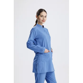 Parlament Mavi Cerrahi Tesettür Takım Likra Kumaş Hakim Yaka Forma