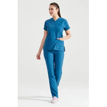 Petrol Blue Monochrome Lycra Fabric Surgical Suit V Neck Uniform