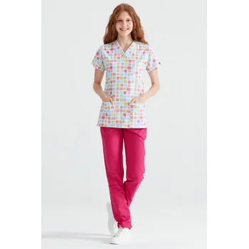 Colorful Square Patterned Surgical Set Terikoton Thin Fabric V Neck Uniform
