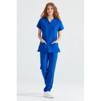 Saks Mavi Renkli Cerrahi Takım Terikoton İnce Kumaş V Yaka Forma