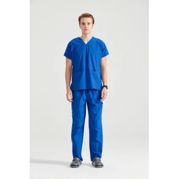 Saks Blue Single Color Lycra Fabric Surgical Set V Neck Form