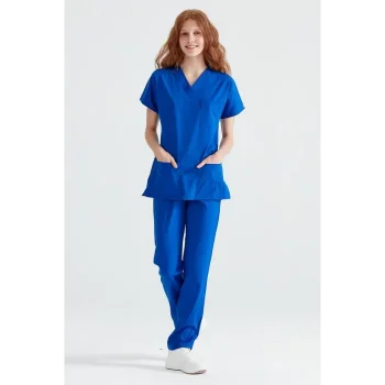 Saks Blue Single Color Lycra Fabric Surgical Set V Neck Form
