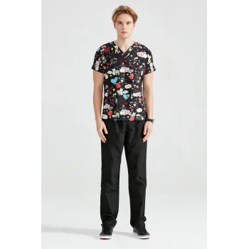 Black Ambulance Lycra Fabric Surgical Set V-neck Uniform