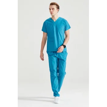 Yeni Yeşil Tek Renkli Likralı Kumaş Cerrahi Takım V Yaka Forma