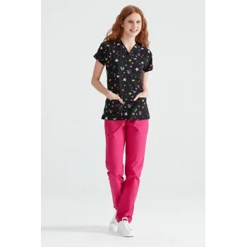 Yıldız Desenli Likralı Kumaş Cerrahi Takım V Yaka Forma