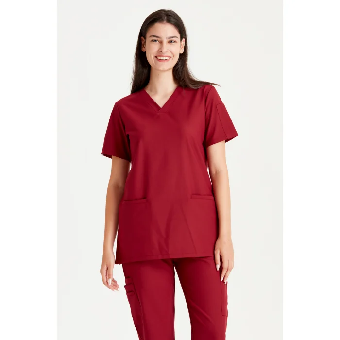 Bordo Renkli Cerrahi Takım Liza Likralı V Yaka Forma