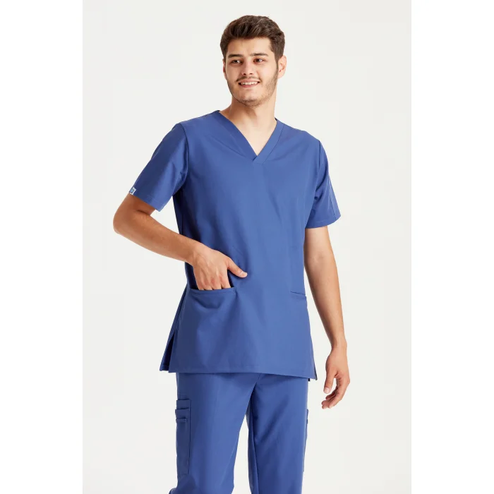 Gece Mavi Renkli Cerrahi Takım Liza Likralı V Yaka Forma