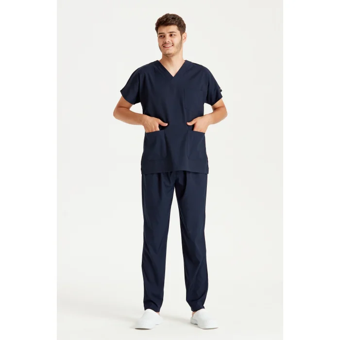 Lacivert Tek Renkli Likralı Kumaş Cerrahi Takım V Yaka Forma