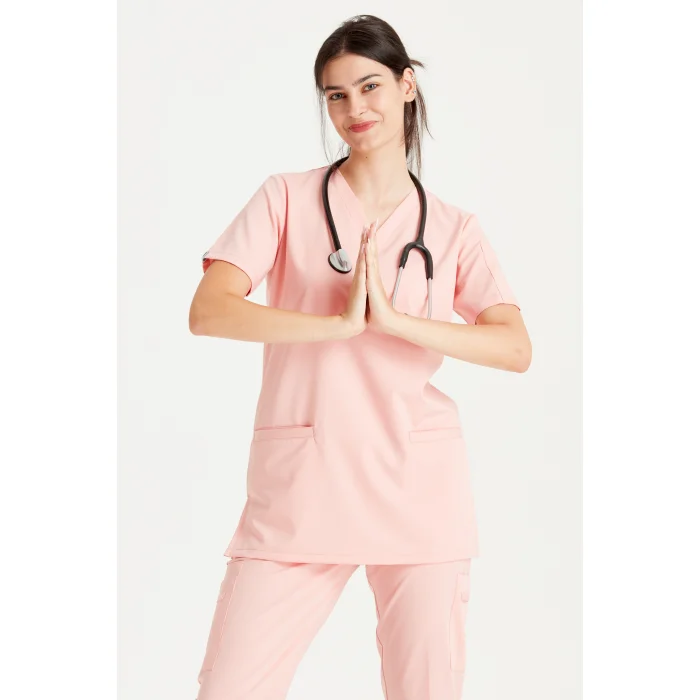 Somon Renkli Cerrahi Takım Liza Likralı V Yaka Forma