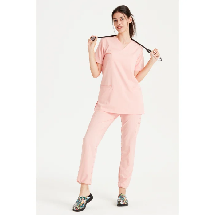 Somon Renkli Cerrahi Takım Liza Likralı V Yaka Forma