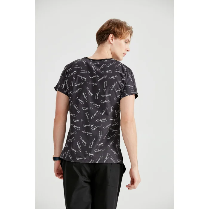 Terikoton Kumaş Siyah Atatürk  Desenli Cerrahi Tek Üst Forma V Yaka