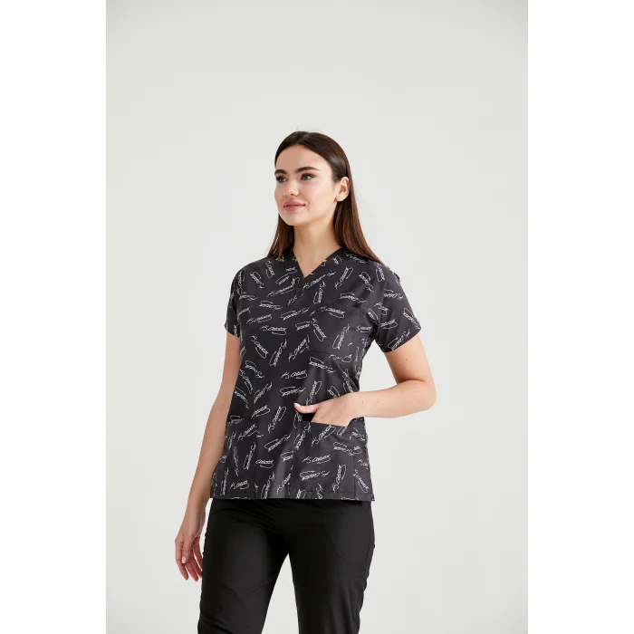 Terikoton Kumaş Siyah Atatürk  Desenli Cerrahi Tek Üst Forma V Yaka