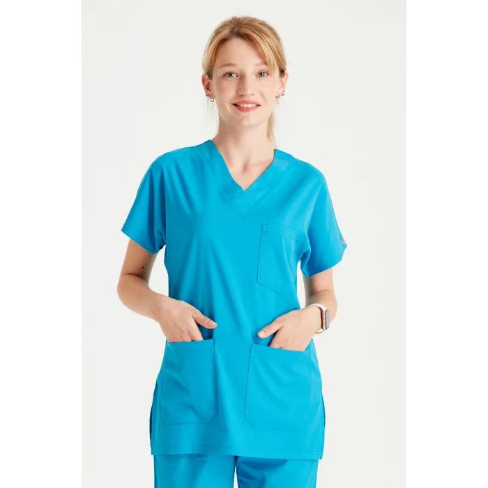 Turkuaz Renkli Cerrahi Takım Terikoton İnce Kumaş V Yaka Forma