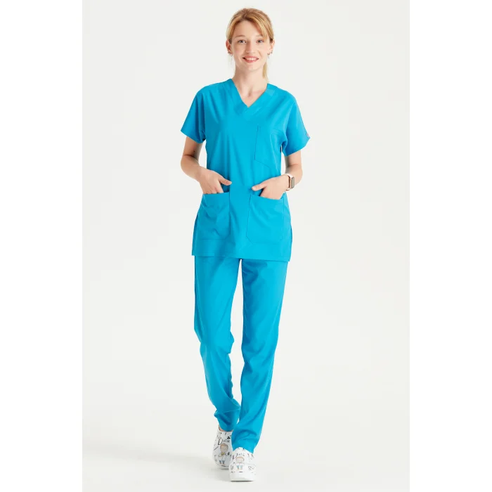 Turkuaz Renkli Cerrahi Takım Terikoton İnce Kumaş V Yaka Forma