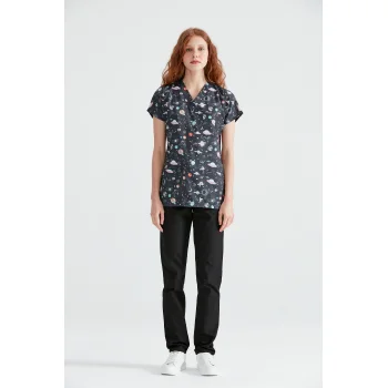 Gezegen Desenli Likralı Kumaş Cerrahi V Yaka Takım