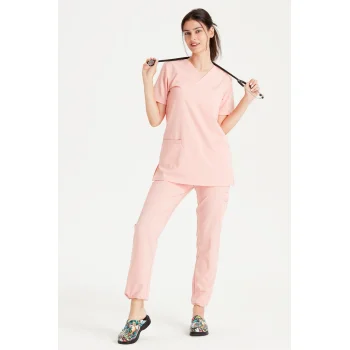 Somon Renkli Cerrahi Takım Liza Likralı V Yaka Forma