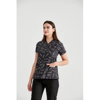 Terikoton Kumaş Siyah Atatürk  Desenli Cerrahi Tek Üst Forma V Yaka