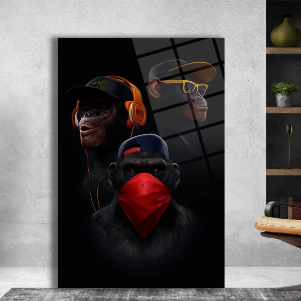 3 Maymun Görmedim Duymadım Bilmiyorum Dikey Cam Tablo