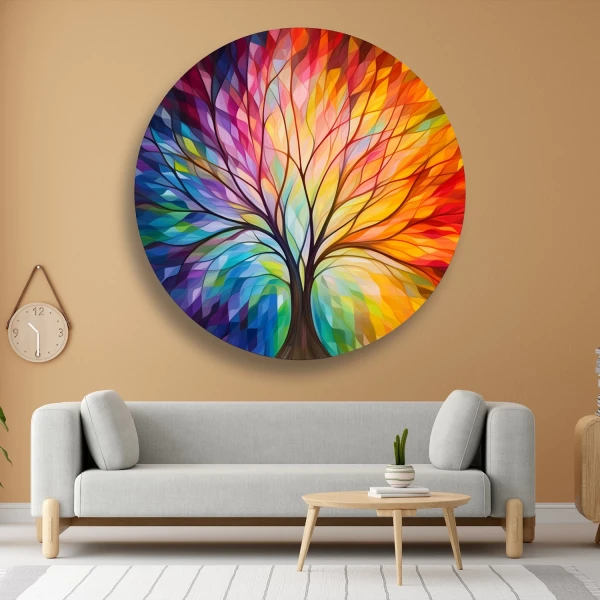 Renkli Hayat Ağacı Cam Tablo Yuvarlak