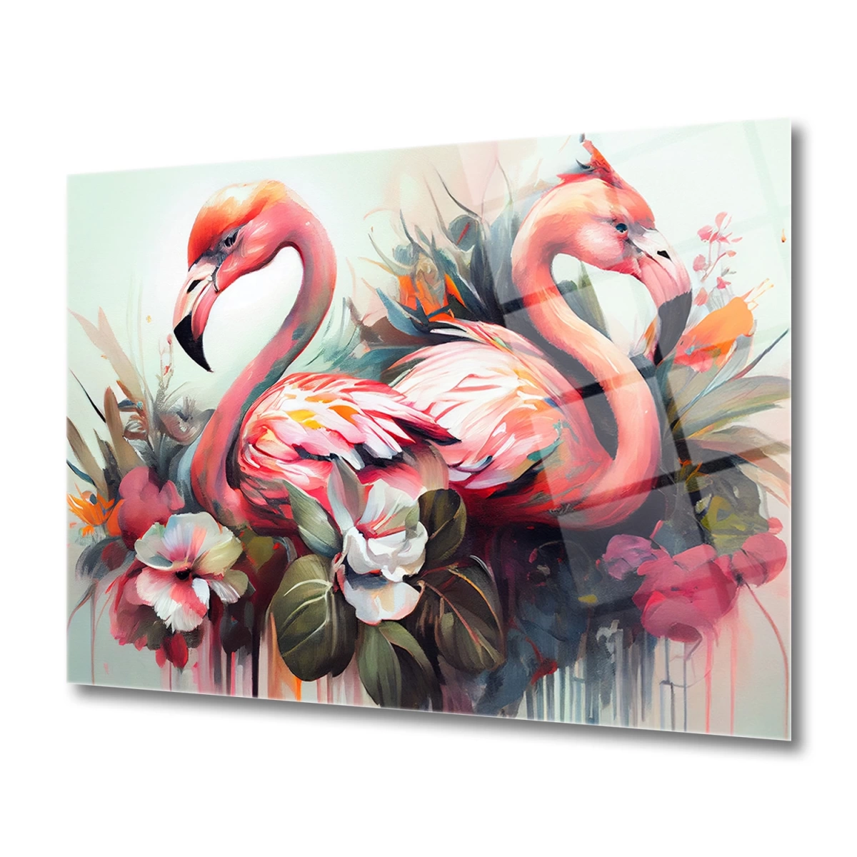 Flamingo & Çiçek Sanat Cam Tablo