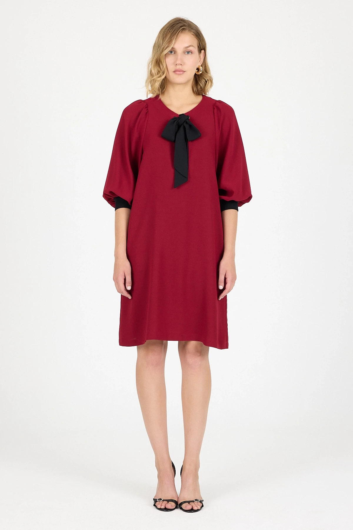 5J255503 KREP FULARLI ELBİSE BORDO