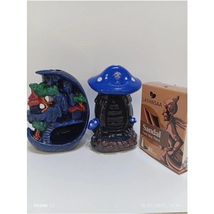 Mini Ay Mini Mavi Mantar Geri Akış Şelale Tütsülük Buhurdanlık 10 Adet Sandal Tütsü Hediyeli