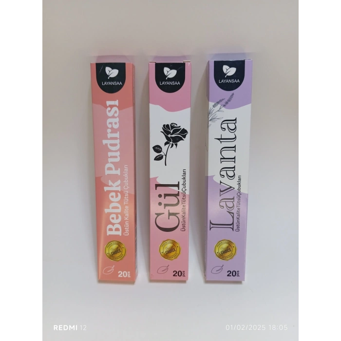 ÇUBUK TÜTSÜ 60 ADET (3 PAKET) LAVANTA-GÜL-BEBEK PUDRASI ODA KOKUSU