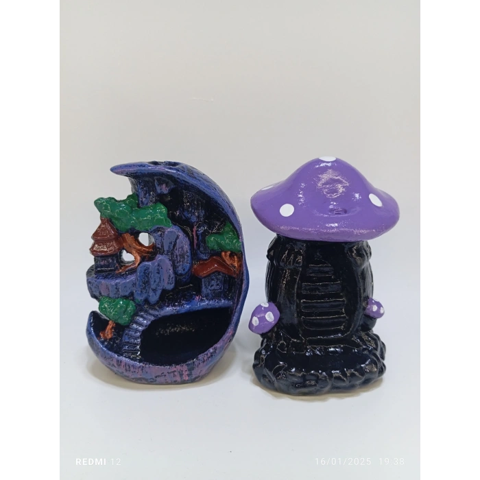 Tedi Sanat Mini Ay Mini Mor Mantar Geri Akış Şelale Tütsülük Buhurdanlık Lotus 10 Adet Tütsü Hediyeli