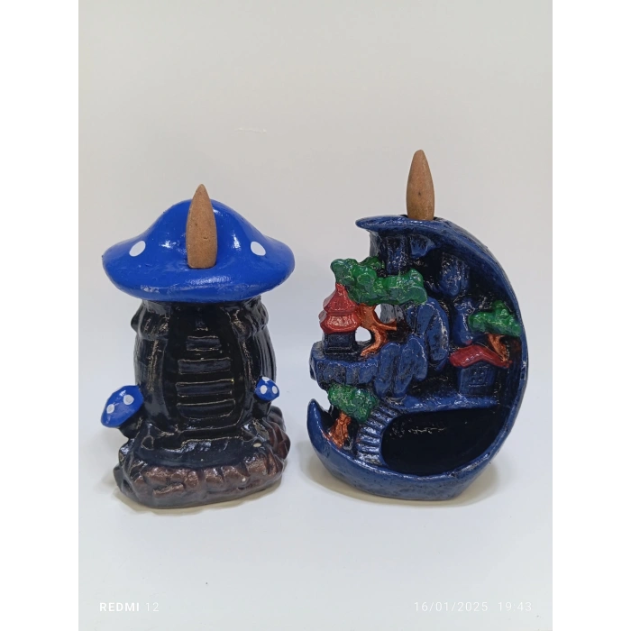 Tedi Sanat Mini Ay Mini Mavi Mantar Geri Akış Şelale Tütsülük Buhurdanlık 10 Adet Tütsü Hediyeli