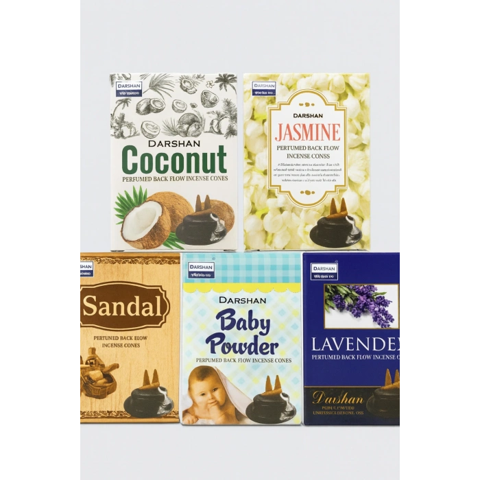 Darshan Ters Geri Akışlı Şelale Tütsü 5li Set (Coconut - Jasmine - Sandal - Baby Powder - Lavender)