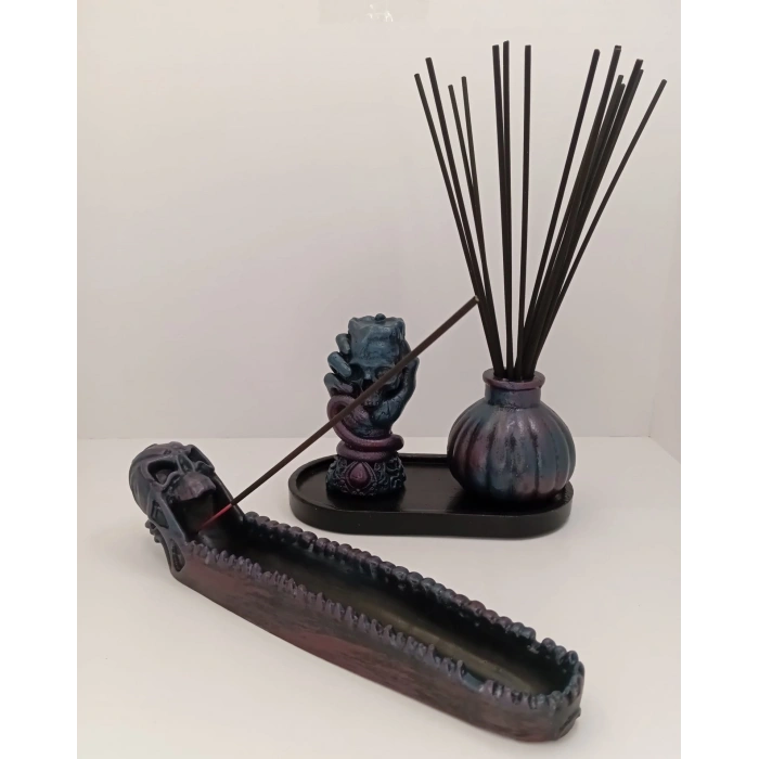 Tedisanat Mistik Kuru Kafa Tütsülük Seti | Çubuk Tütsülük + 3’lü Vazo Dekoratif Ev Ofis Aksesuarı