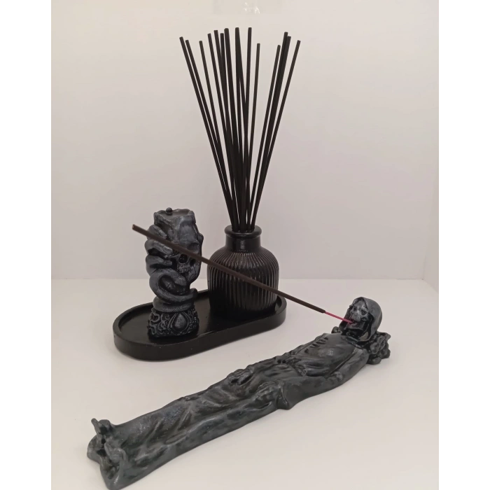 Tedisanat Buhur Bekçisi Kuru Kafa Çubuk Tütsülük + 3’lü Vazo Set | Dekoratif Tütsü Tutucu & Ev Ofis Aksesuarı