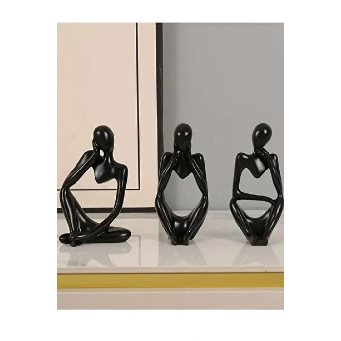 Tedisanat 3lü Siyah Soyut Düşünen Adam Heykel Biblo Seti - Modern Dekoratif Ev Ofis Aksesuarı