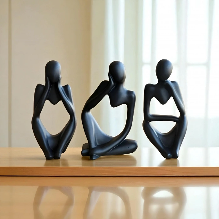 Tedisanat 3lü Siyah Soyut Düşünen Adam Heykel Biblo Seti - Modern Dekoratif Ev Ofis Aksesuarı
