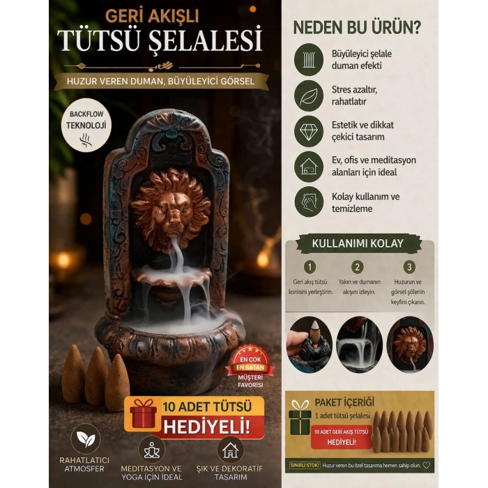Dekoratif Aslan Şelale Tütsülük – Premium Backflow Duman Efekti + 10 Adet Tütsü Hediyeli
