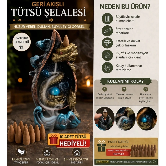 Lüks Altın Ejderha Tasarımlı Şelale Tütsülük – Geri Akışlı Duman Efekti + 10 Adet Tütsü Hediyeli