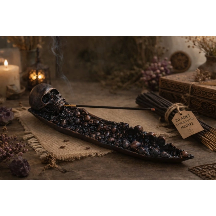 Tedisanat Dekoratif Kuru Kafa Tütsülük + 20 Adet Çubuk Tütsü Hediyeli | Gotik Ev Dekoru & Hediye