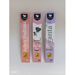 ÇUBUK TÜTSÜ 60 ADET (3 PAKET) LAVANTA-GÜL-BEBEK PUDRASI ODA KOKUSU
